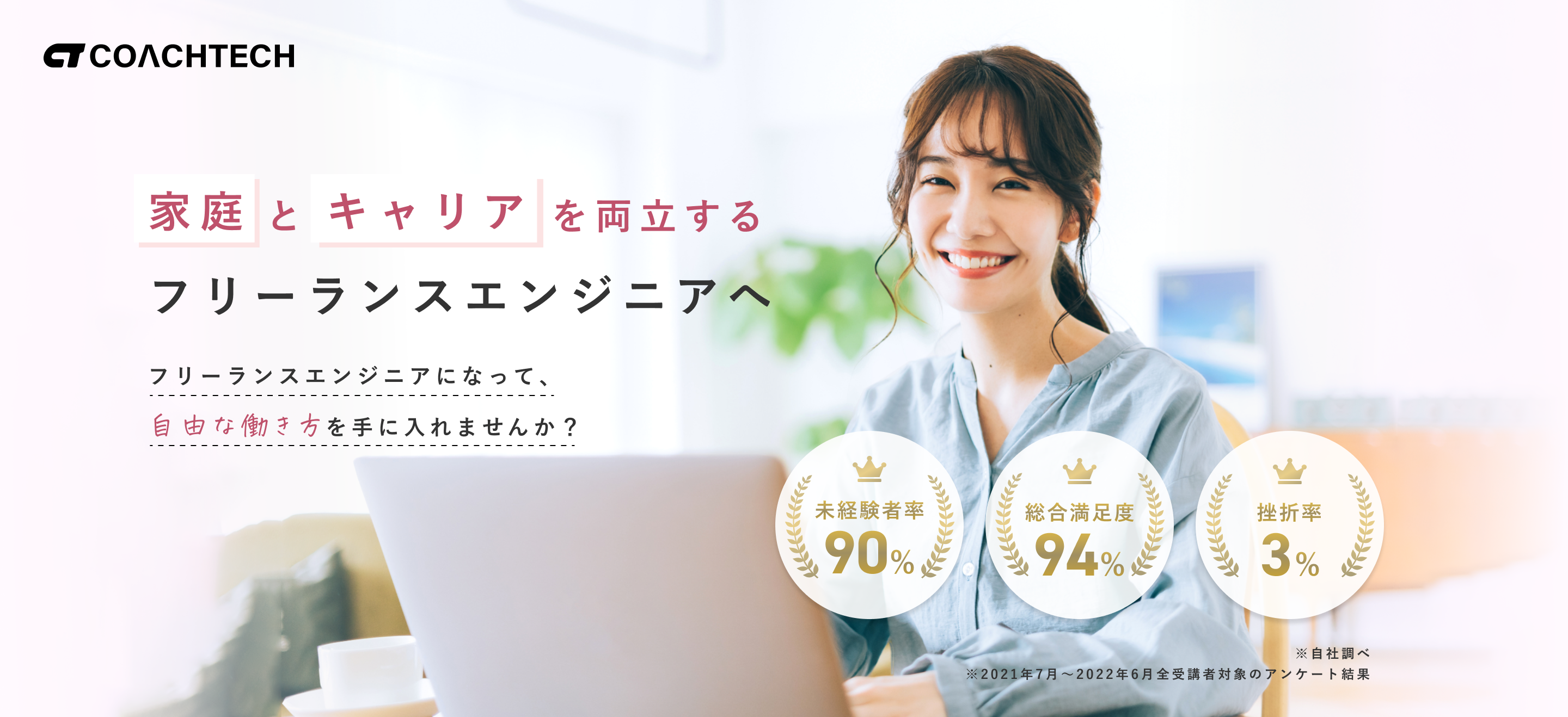 COACHTECH 家庭とキャリアを両立するフリーランスエンジニアへ フリーランスエンジニアになって、自由な働き方を手に入れませんか？ 未経験者率90% 総合満足度94% 挫折率3%