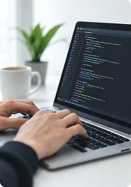 ノートパソコンでコーディングする様子