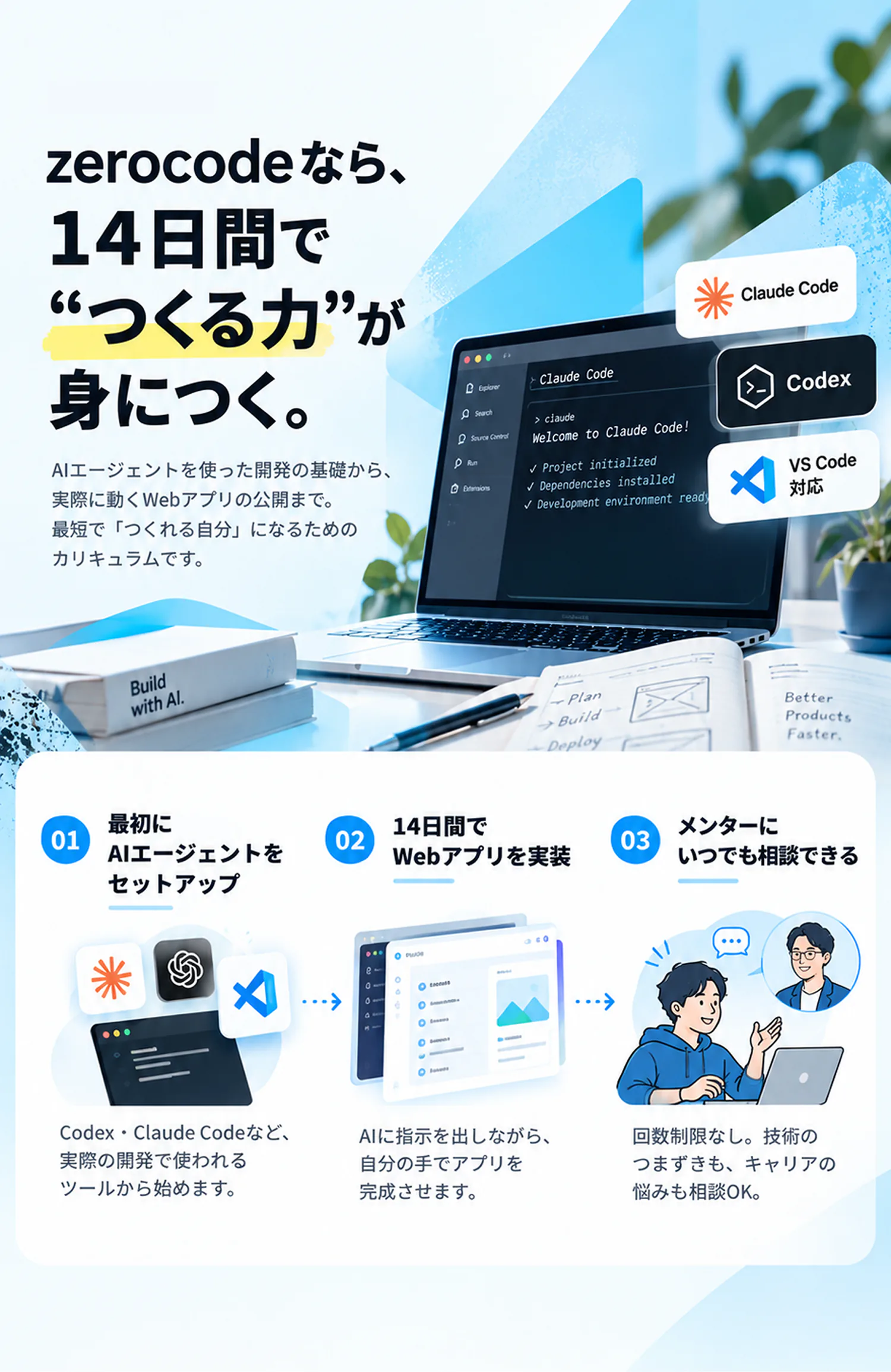 zerocodeなら、14日間で“つくる力”が身につく。AIエージェントを使った開発の基礎から、実際に動くWebアプリの公開まで。最短で「つくれる自分」になるためのカリキュラムです。Claude Code・Codex・VS Code対応。01 最初にAIエージェントをセットアップ：Codex・Claude Codeなど、実際の開発で使われるツールから始めます。02 14日間でWebアプリを実装：AIに指示を出しながら、自分の手でアプリを完成させます。03 メンターにいつでも相談できる：回数制限なし。技術のつまずきも、キャリアの悩みも相談OK。