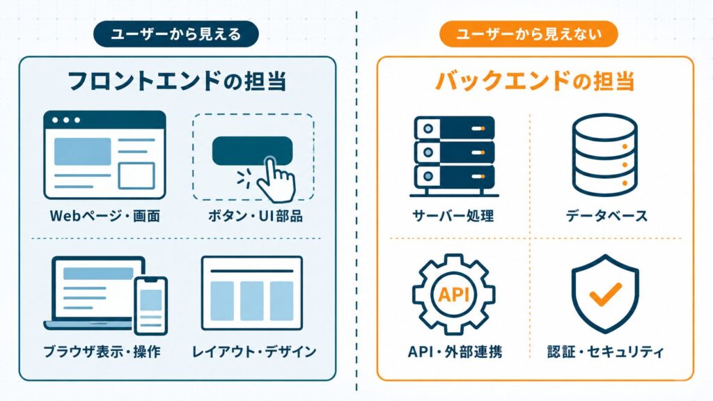 フロントエンドエンジニアとバックエンドエンジニアの担当領域を左右対比で図示。左の「画面側」にはUI・ブラウザアイコン、右の「裏側」にはサーバー・データベース・APIのアイコンを配置