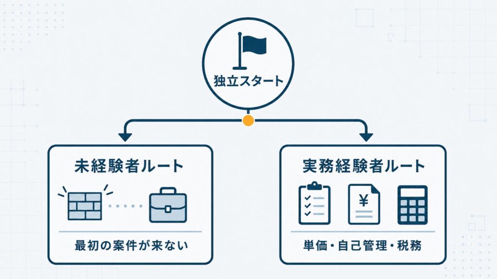 フリーランスエンジニアの独立ルートを未経験者ルートと実務経験者ルートに分岐して比較した概念図