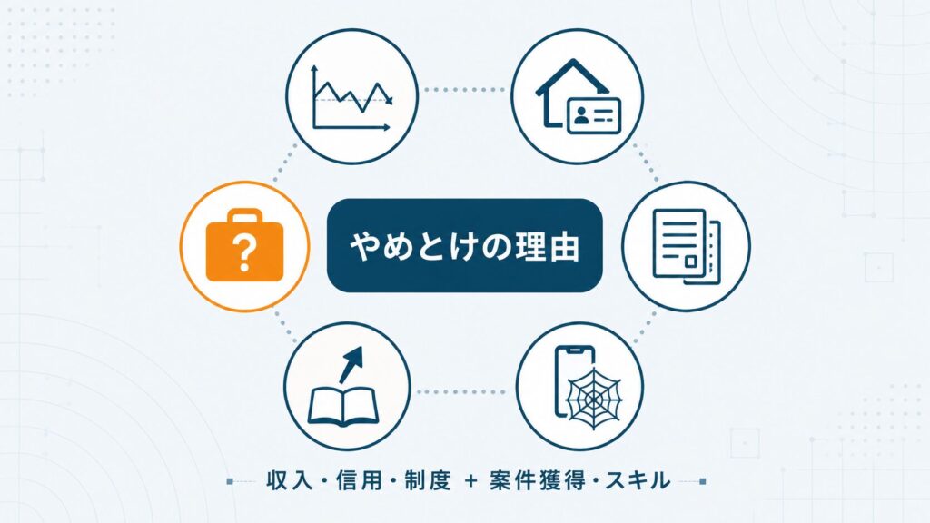 フリーランスエンジニアがやめとけと言われる収入・信用・税務・孤独などの主な理由を象徴アイコンで示したセクション挿絵
