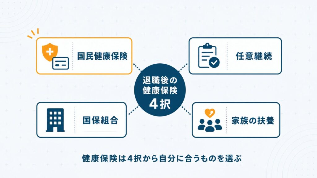 フリーランスが選べる健康保険として国民健康保険・任意継続・国保組合・家族の扶養の4択をアイコンで示した全体像