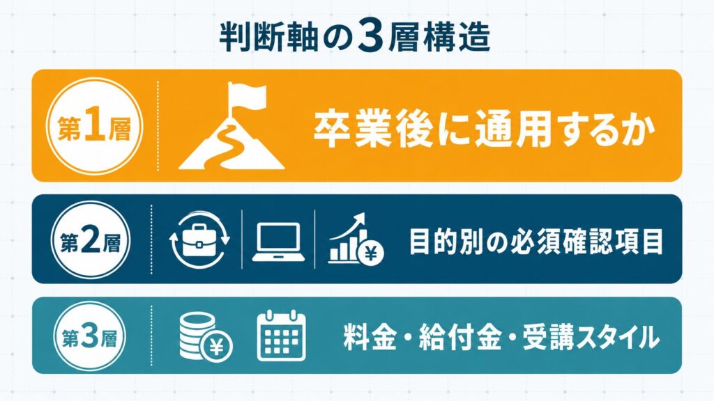 プログラミングスクールを選ぶ判断軸の優先順位を卒業後に通用するか・目的別の確認・表層比較の3層で整理した概念図