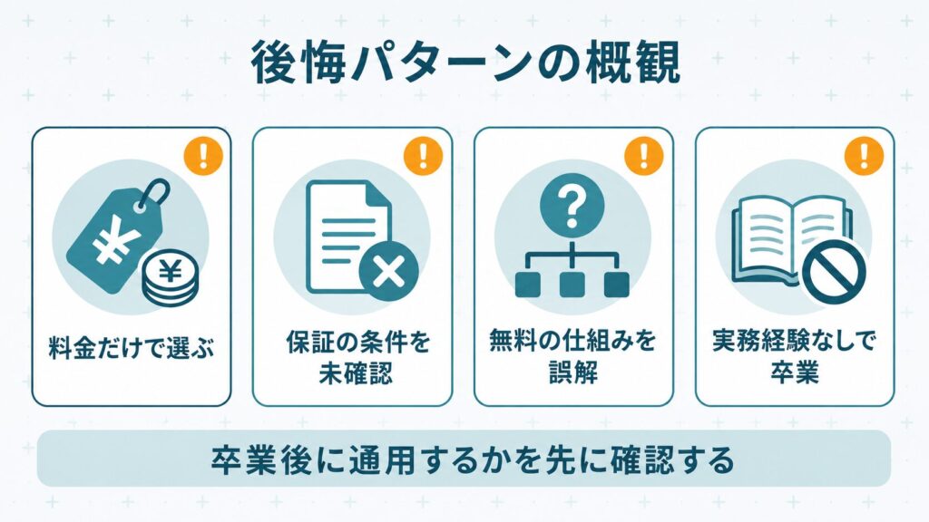 プログラミングスクール選びで後悔した人に共通する4つのパターンを警告アイコンで示した概念図