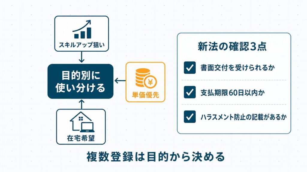 フリーランスエージェントの複数登録を目的別に使い分ける考え方と、フリーランス保護新法で確認すべき契約条件ポイントを示したセクション挿絵