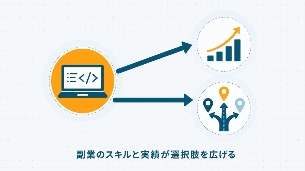 副業で積んだプログラミングスキルと実績が次の働き方の選択肢を広げることを示した概念図