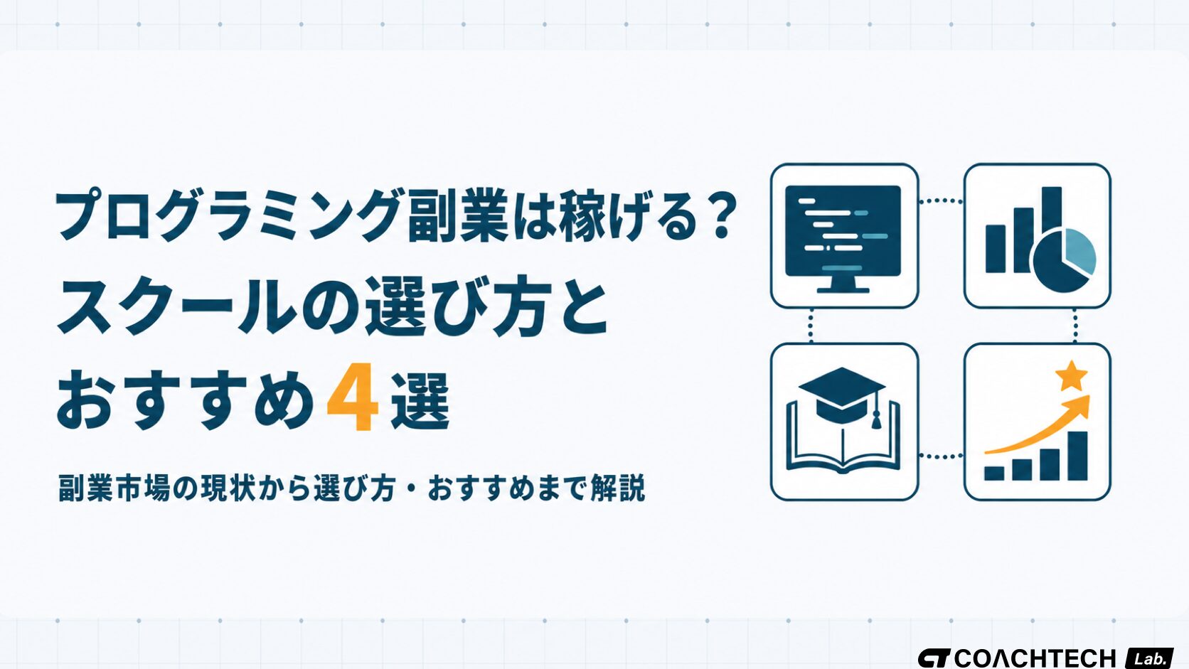 副業向けプログラミングスクールの選び方とおすすめ4選を解説した記事のサムネイル。稼げるかどうかの疑問にも答える