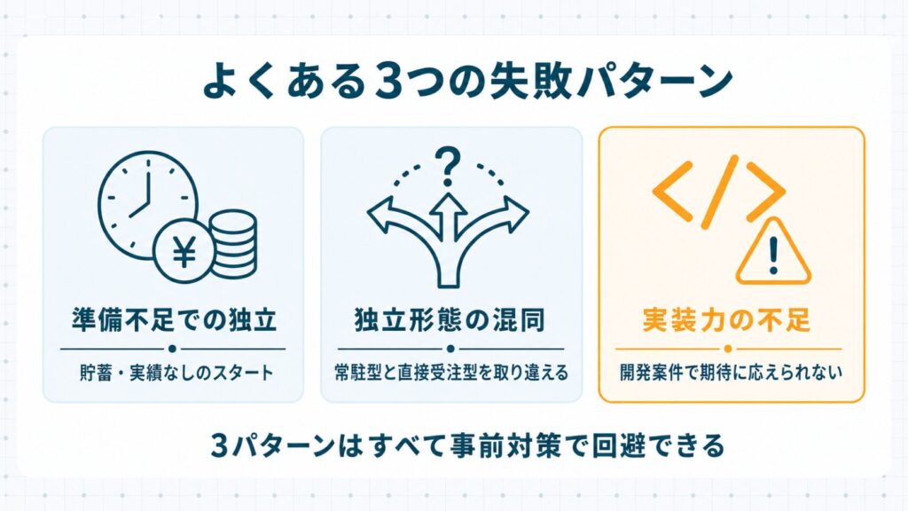 フリーランスSEが後悔しやすい3つの失敗パターンとそれぞれの事前備えを対比で示したセクション挿絵