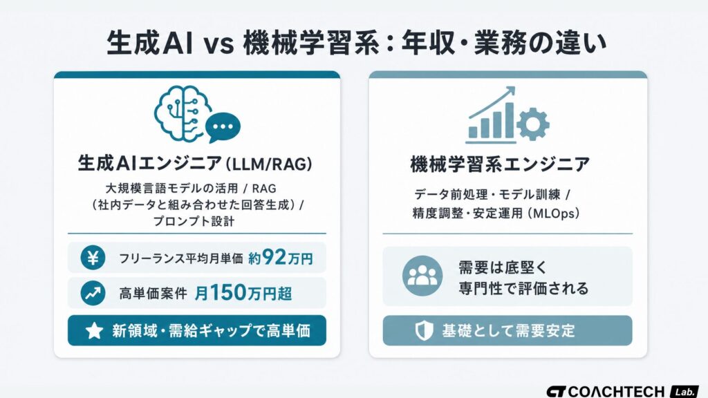 生成AIエンジニアと機械学習系エンジニアを比較する横並びカード図。生成AIは平均月単価約92万円・高単価案件150万円超、機械学習系は底堅い需要と専門性評価を示す