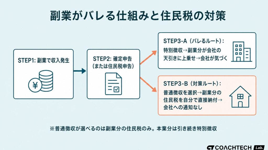 育休中の副業が会社にバレる主な経路と住民税対策の流れを示したフロー図。確定申告時の住民税の納付方法選択がポイント