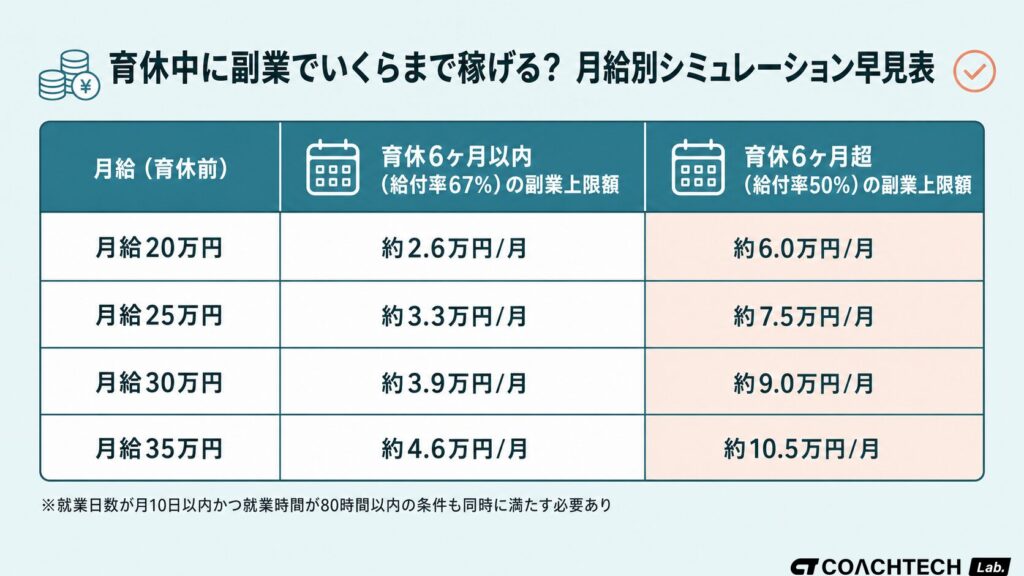 育休中の副業可能額を月給と育休期間別に整理した早見表。育休6ヶ月以内と6ヶ月超で上限が異なることが一目でわかる