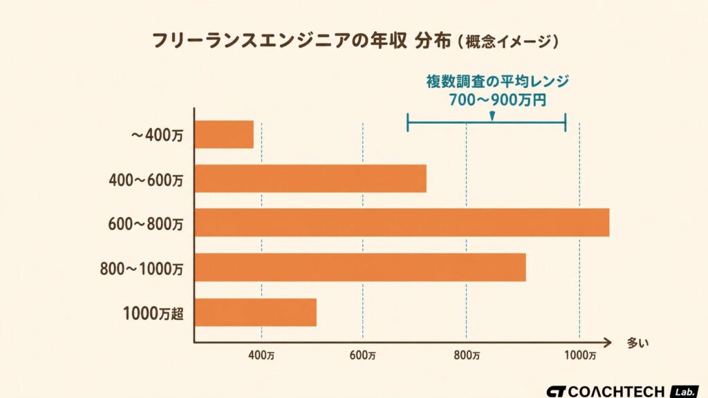 フリーランスエンジニアの年収が複数の調査で700〜900万円のレンジに集中する分布を示す横棒グラフ