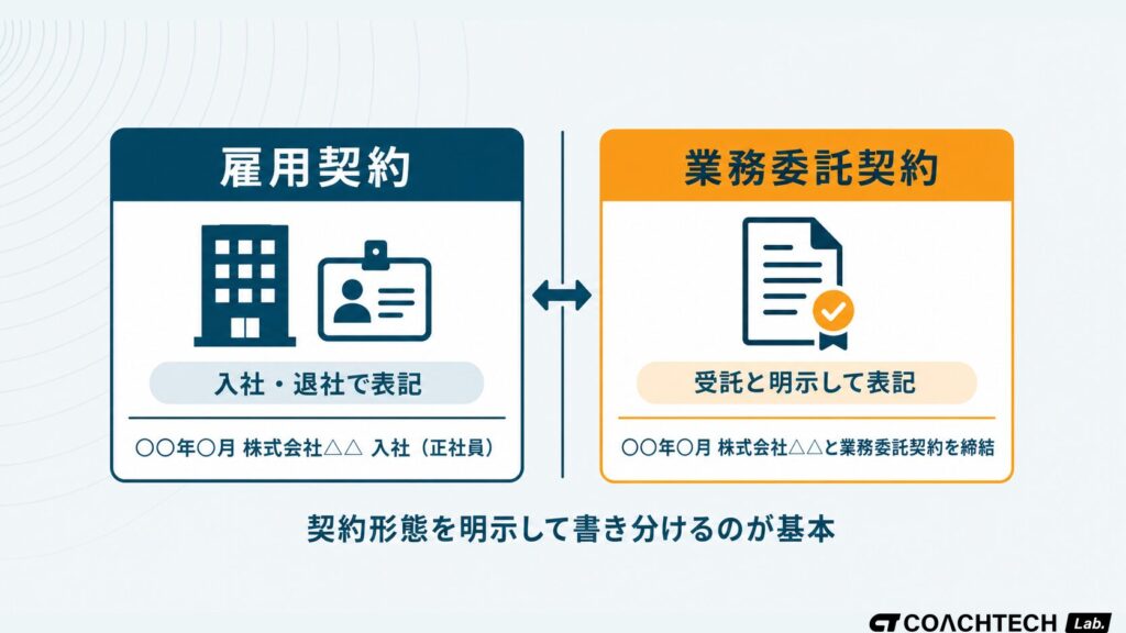 雇用契約と業務委託契約で、履歴書の職歴欄の表記パターンが異なることを対比したセクション挿絵
