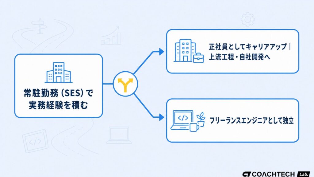 常駐勤務の経験を積んだ後の正社員キャリアアップとフリーランス独立という2つの選択肢を示した分岐図