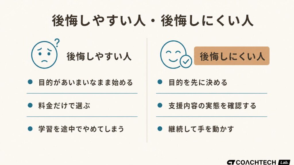 プログラミングスクールで後悔しやすい人と後悔しにくい人の違いを対比した図