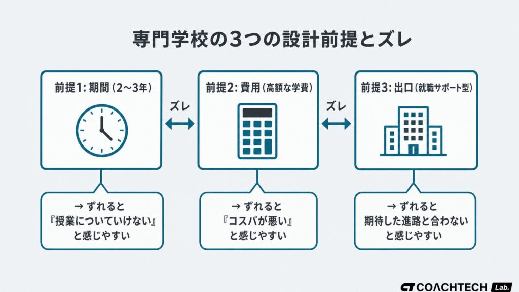 IT専門学校が意味ないと言われる背景にある3つの設計前提とのズレを示す概念図