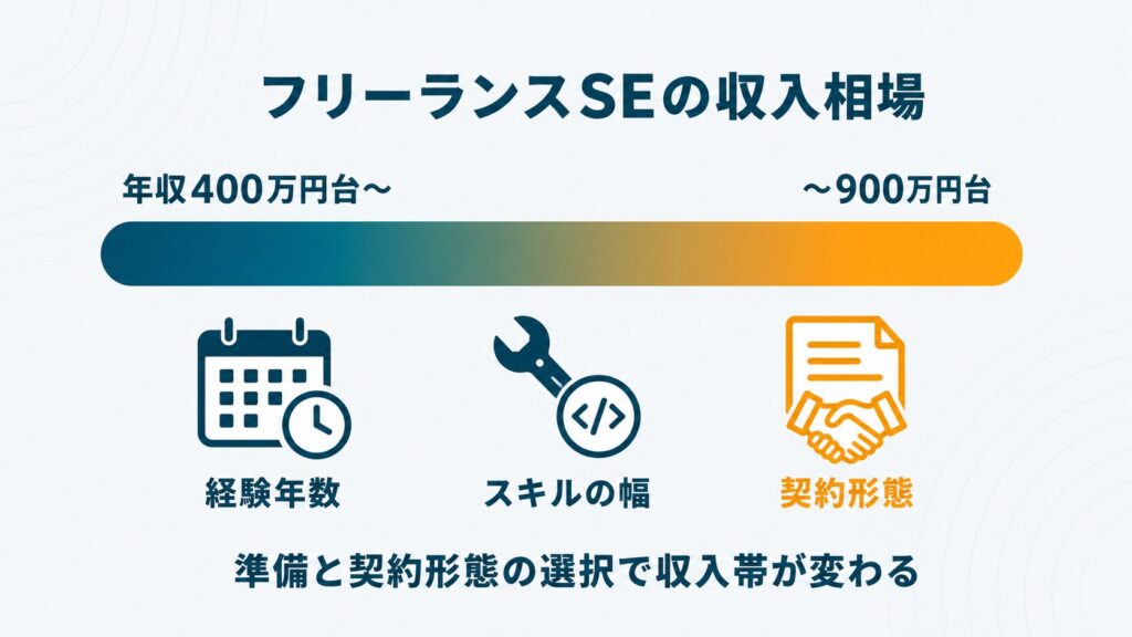 フリーランスSEの収入が経験とスキルと契約形態によって年収400万円から900万円台と幅が大きいことを示したセクション挿絵
